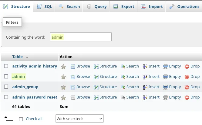 Selecting the admin table